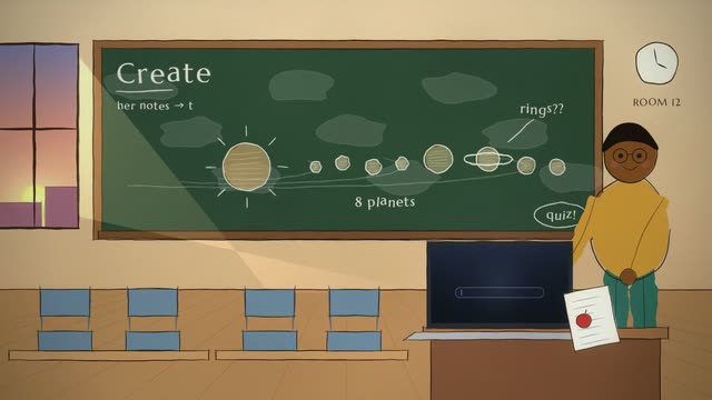 A teacher's chalkboard of the planets in Room 12